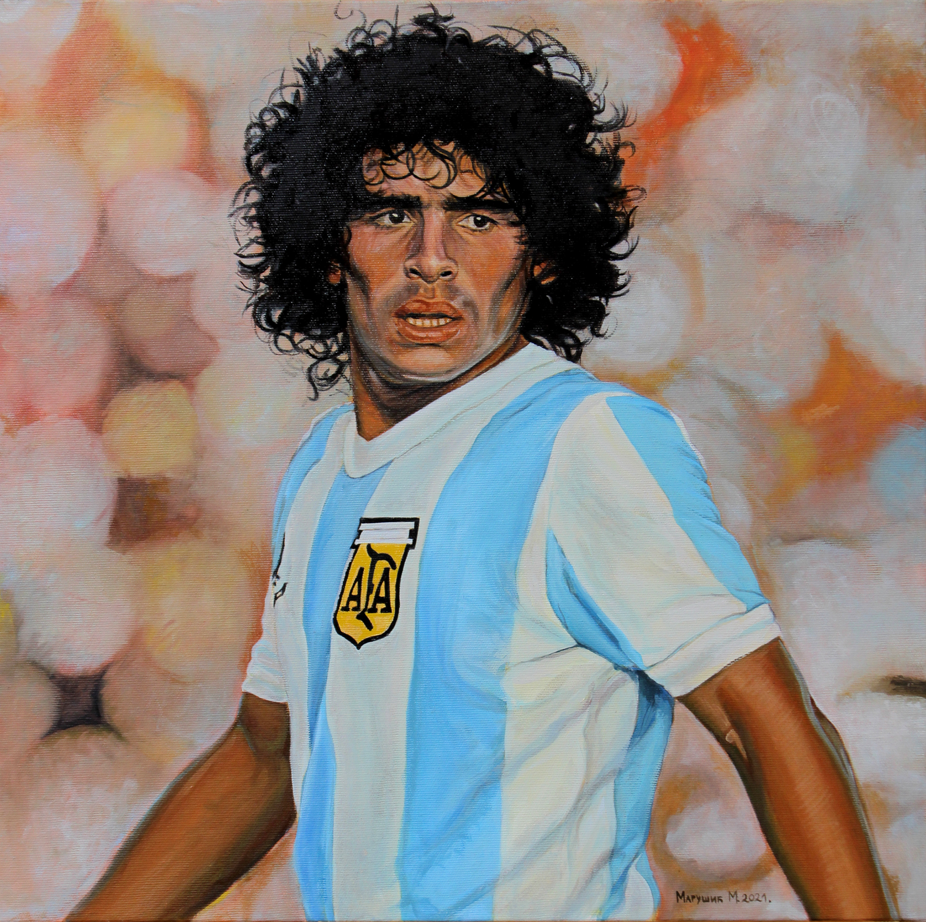 Maradona - 50x50cm Ulje na platnu - Figuracija - Umetnička slika umetnik Milica MARUŠIĆ