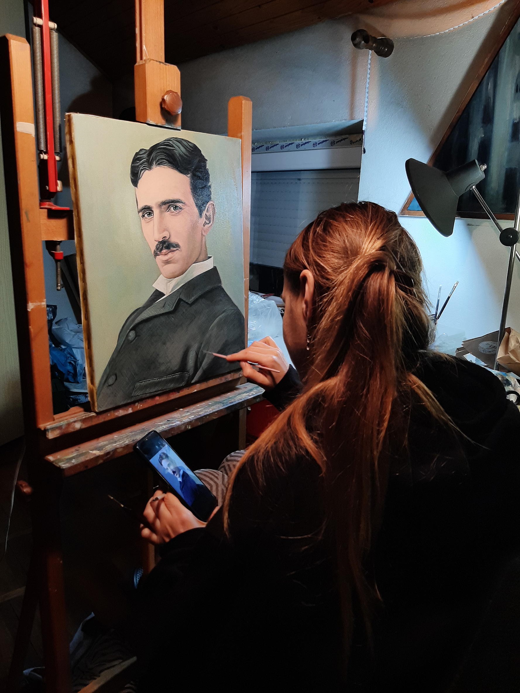 Milica Marusic-Serbian proffessional contemporary artist - paint a portrait of scientist Nikola Tesla