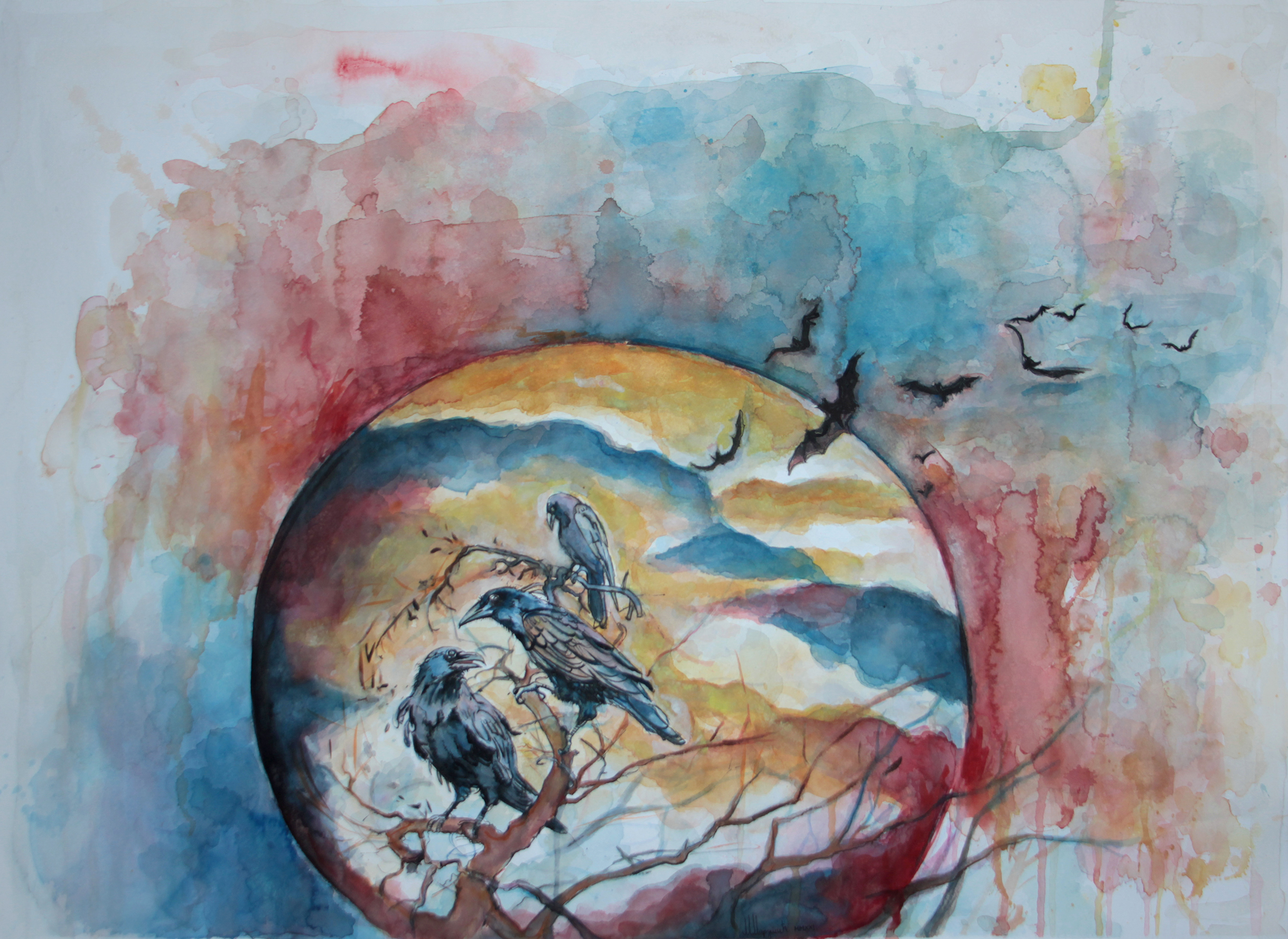 Crows - watercolor Painting 55x75cm Original Artwork by artist Milica MARUSIC Art