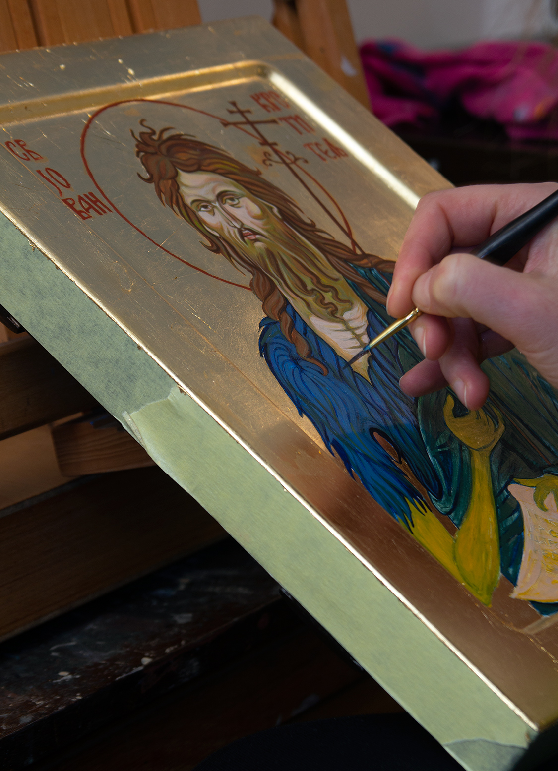 Milica MARUŠIĆ - contemporary fine artist - painter - paints Byzantine Icon Saint John the Baptist - egg tempera on wood with gold leaf