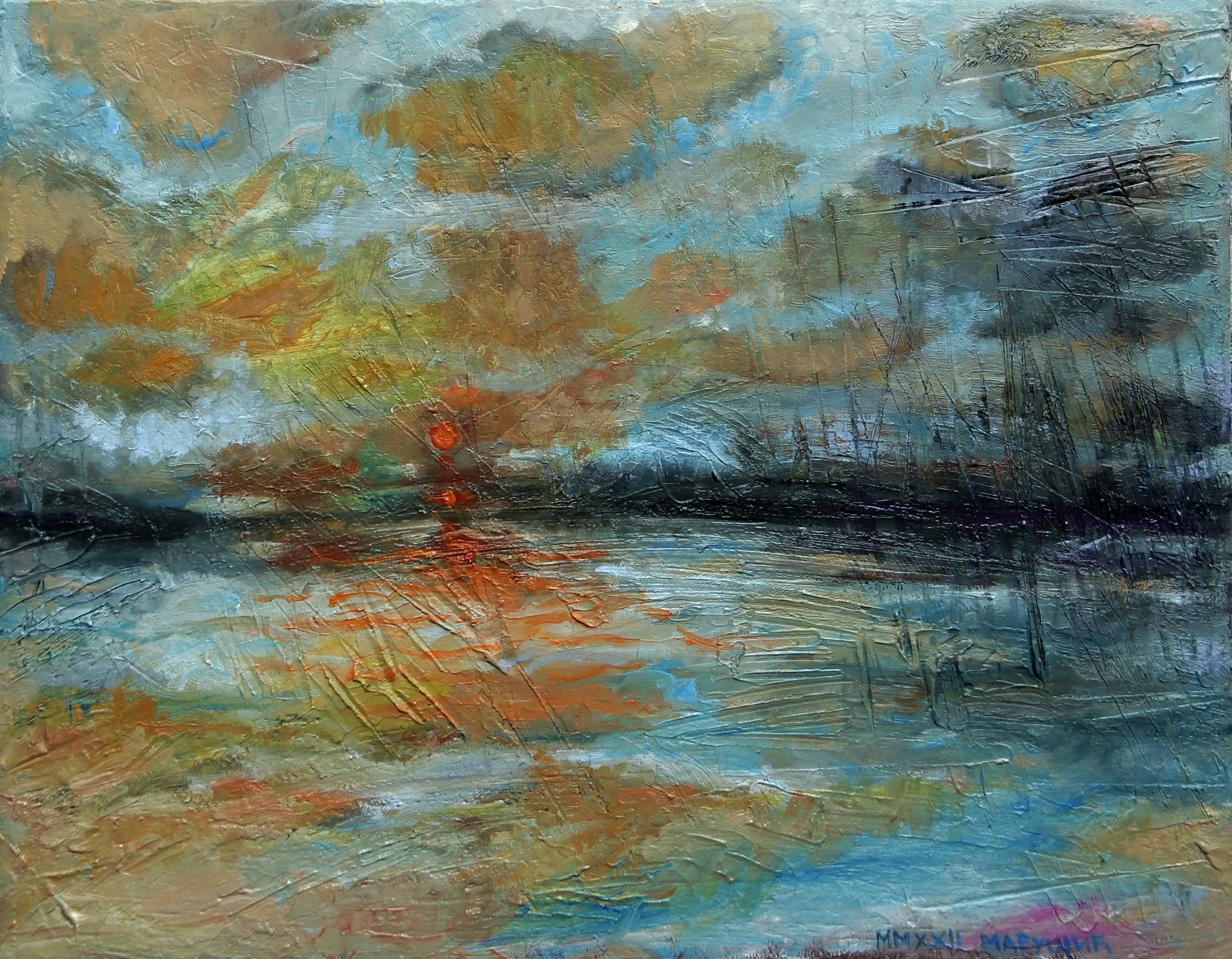 Sunset pasta -23.5x30cm - Original landscape Oil Painting art on Canvas – painted by Artist Milica MARUŠIĆ Art