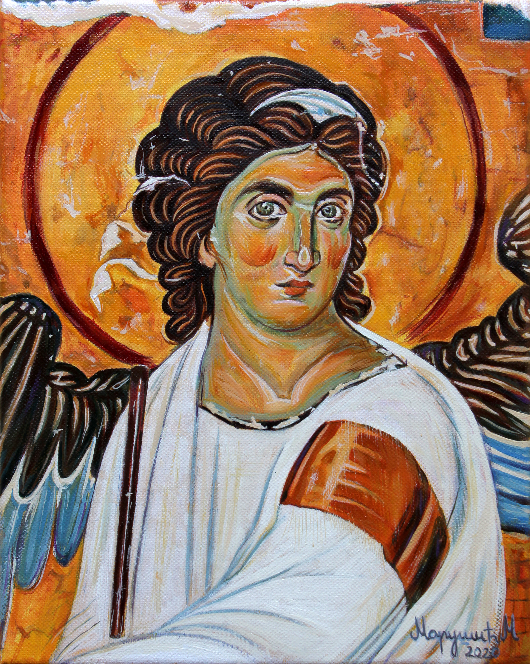 White Angel - 30x24cm - Byzantine Orthodox Icon - Oil on canvas artwork hand painted by artist Milica MARUŠIĆ