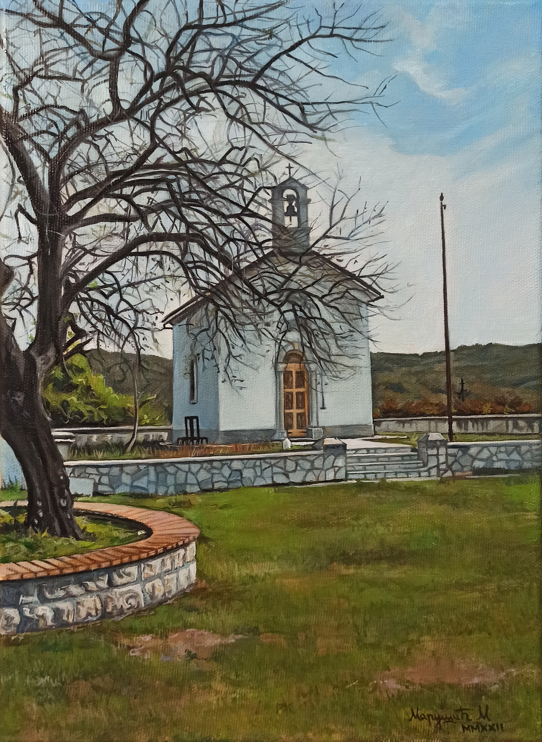 Church in a village Broćanac Viluški - Commissioned Landscape Oil Painting on Canvas - 35x25cm Original Artwork by artist Milica MARUSIC Art
