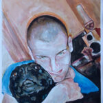 Portret sa psom - 50x35cm akvarel na papiru 2022 - Umetnička slika po narudžbini umetnik Milica MARUŠIĆ
