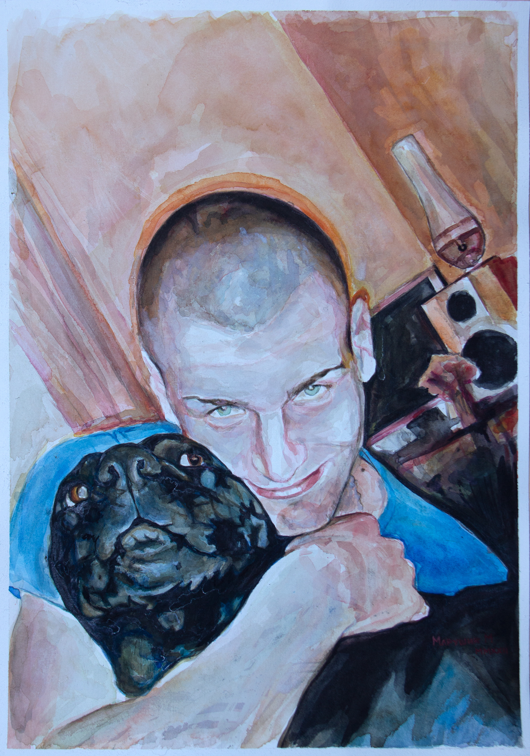 Portret sa psom - 50x35cm akvarel na papiru 2022 - Umetnička slika po narudžbini umetnik Milica MARUŠIĆ