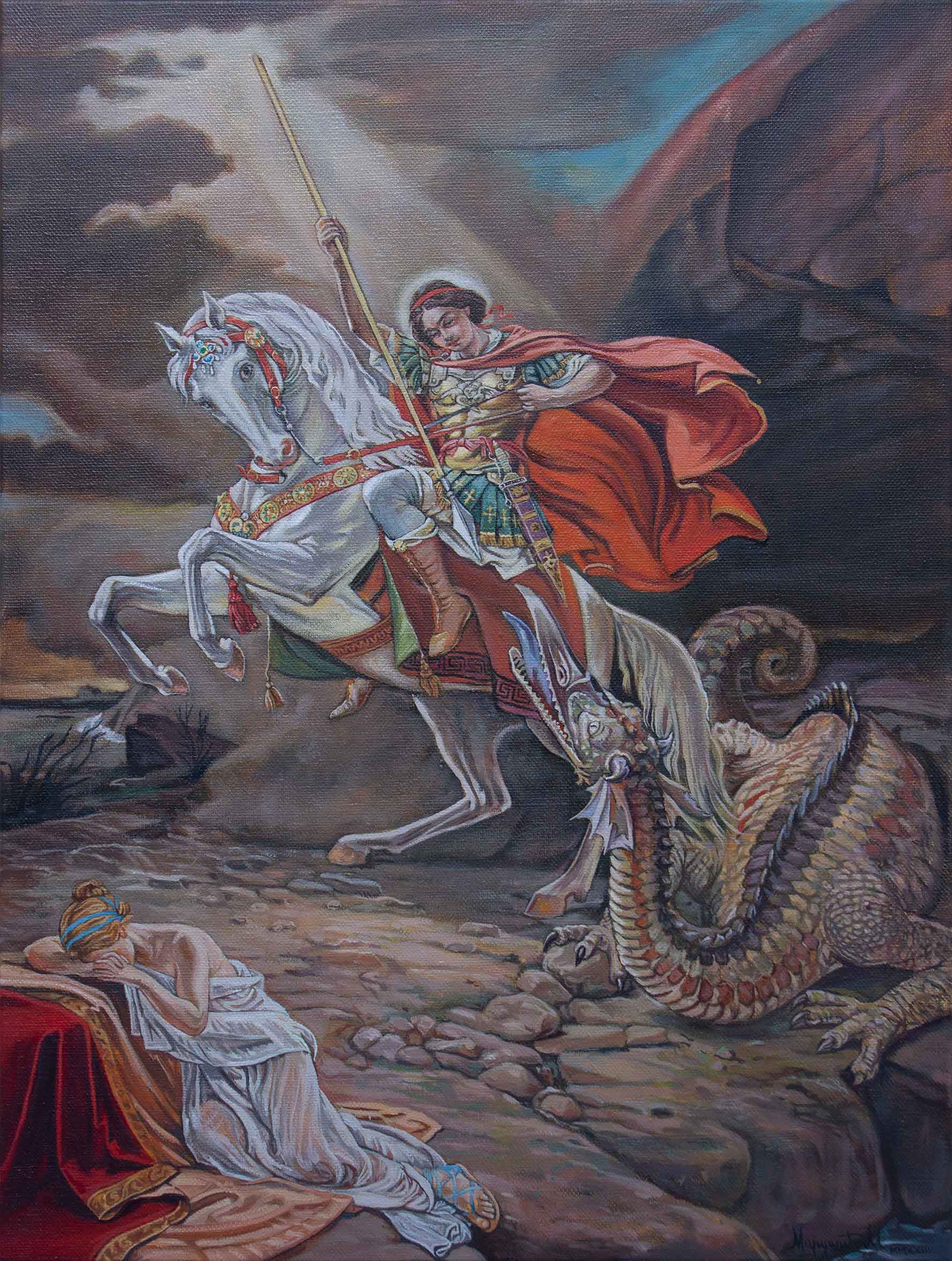 Saint George and the Dragon - 60x45cm - 2023 - Religious painting- Original oil on canvas - artist Milica Marušić